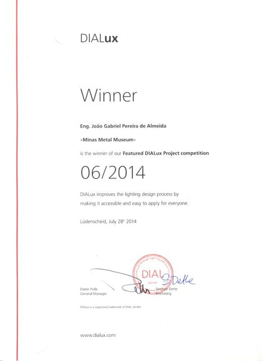 Certificado de 1º lugar — Featured DIALux Project Competition 2014
