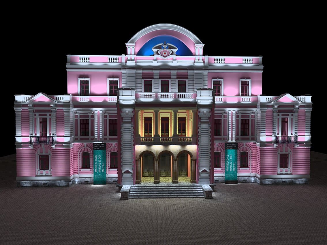 Projeto Minas Metal Museum iluminado à noite — projeto premiado da CEILUX