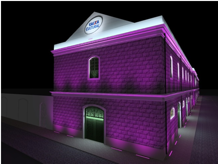 Fachada da Caixa Cultural Fortaleza iluminada em rosa