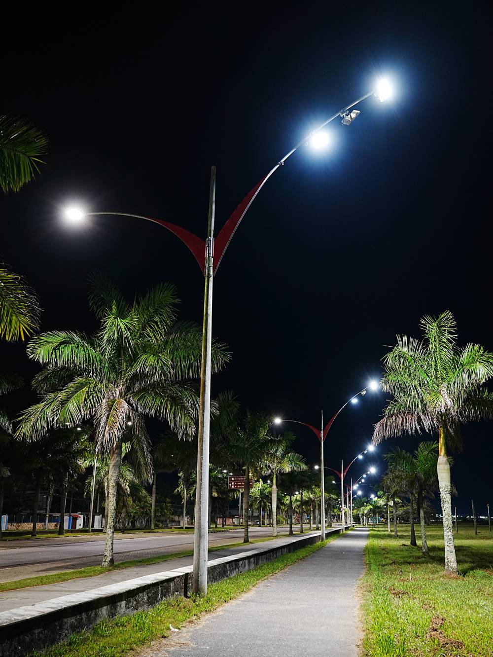 Avenida urbana à noite com postes de braços curvos e luminárias LED acesas ao longo do passeio arborizado