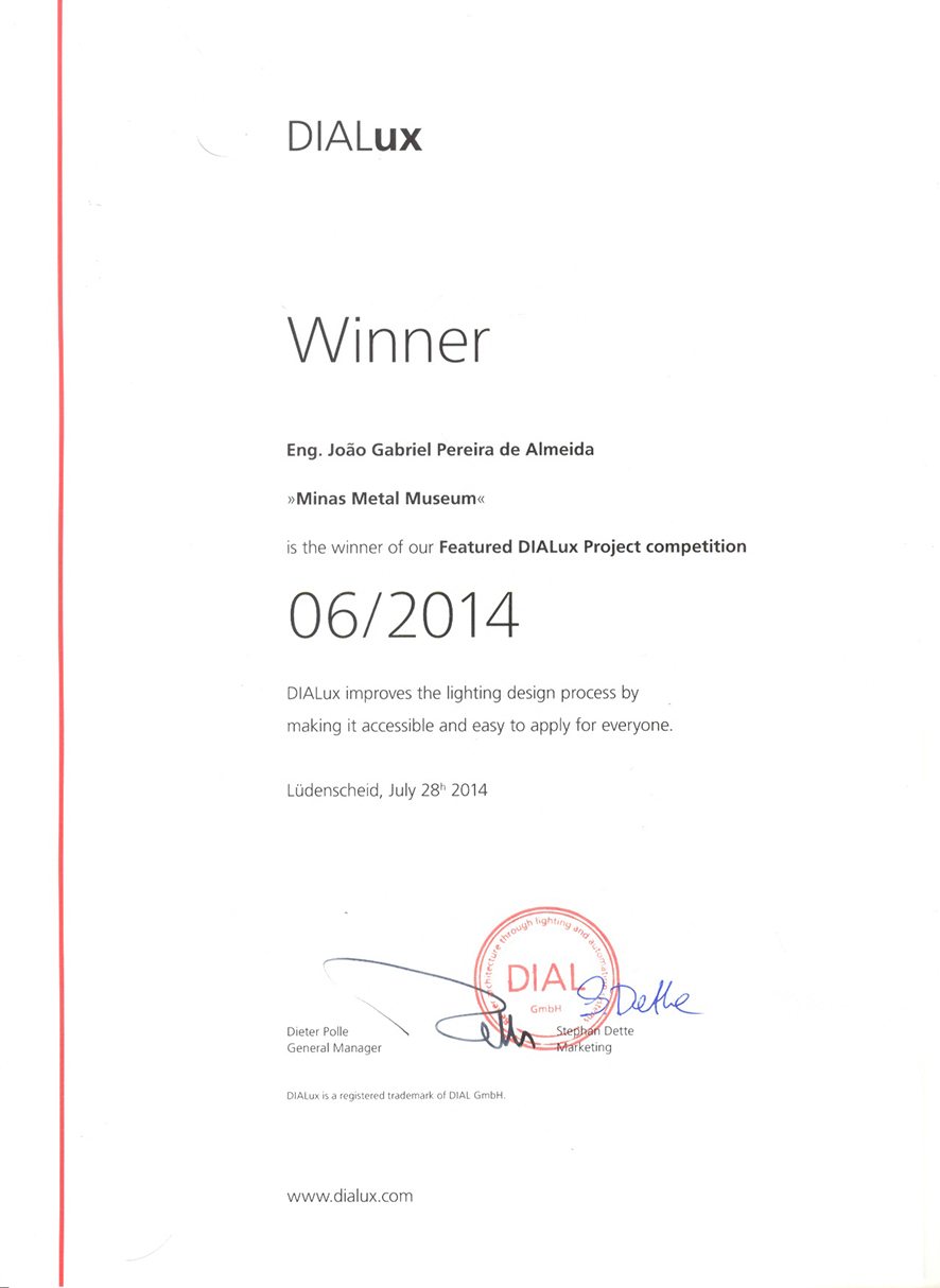Certificado da DIALux declarando o Eng. João Gabriel Pereira de Almeida vencedor do Featured DIALux Project competition 06/2014 com o projeto Minas Metal Museum
