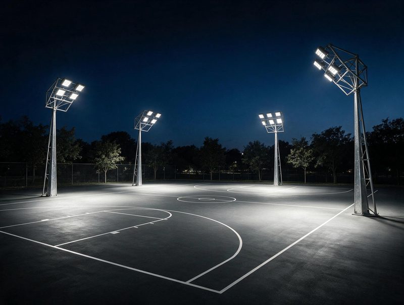 Quadra esportiva à noite iluminada por torres de refletores