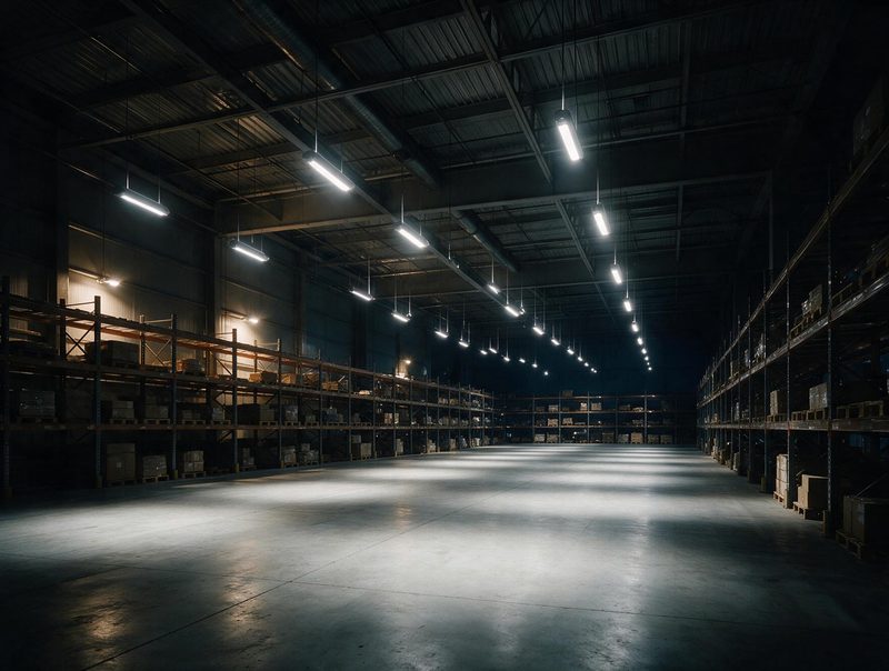 Galpão industrial à noite com fileiras de luminárias high bay acesas sobre o piso