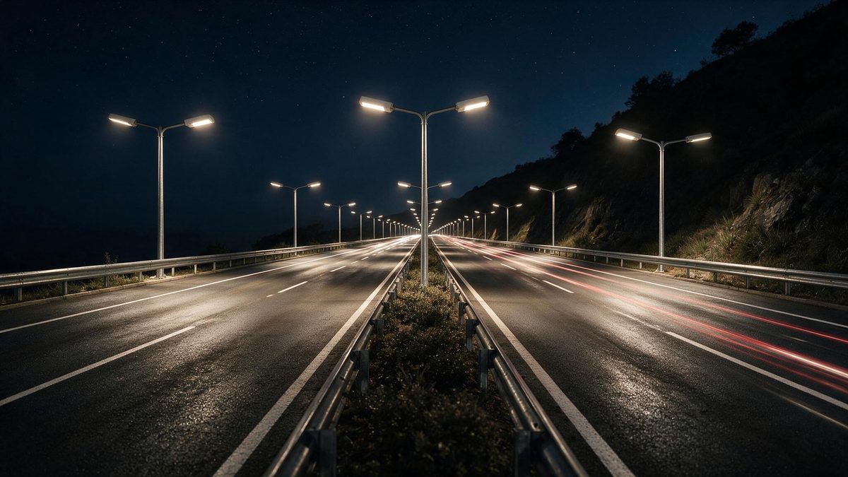 Via expressa ao anoitecer, com poste de dois braços aceso sobre a pista