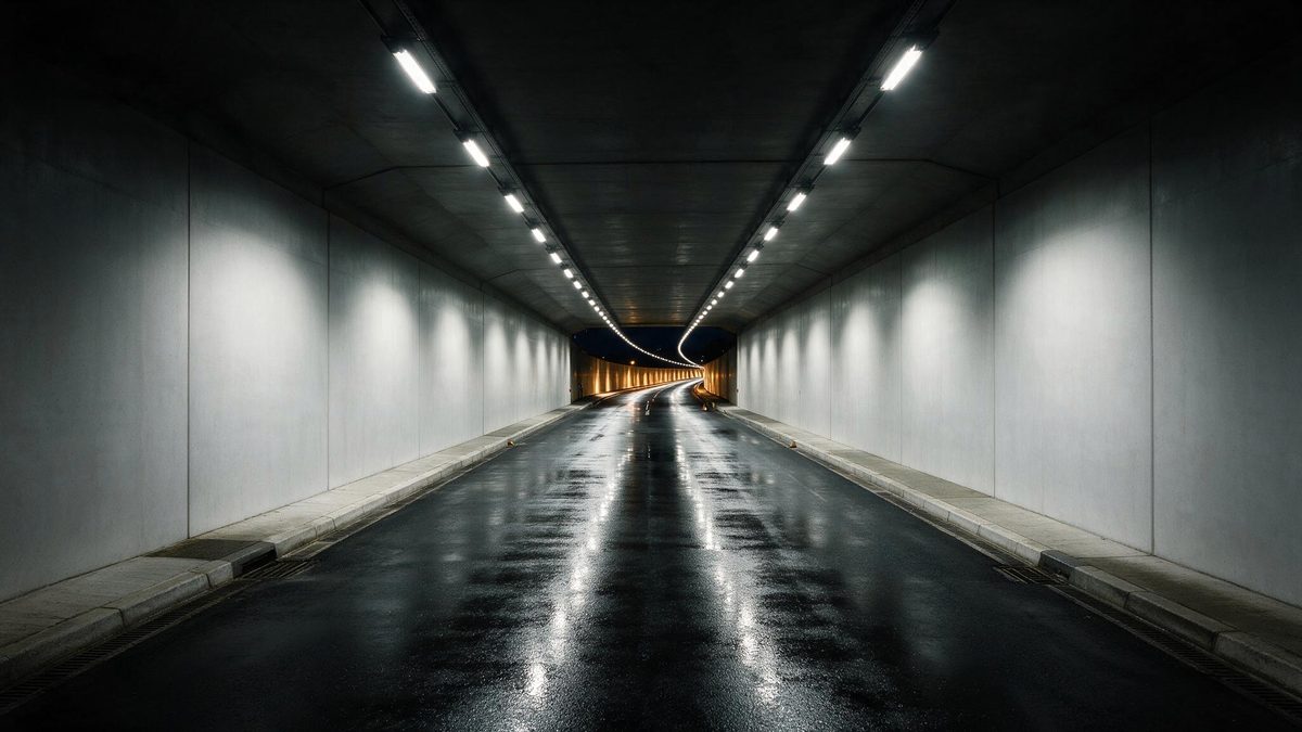 Boca de túnel rodoviário com sinalização luminosa e iluminação de acesso